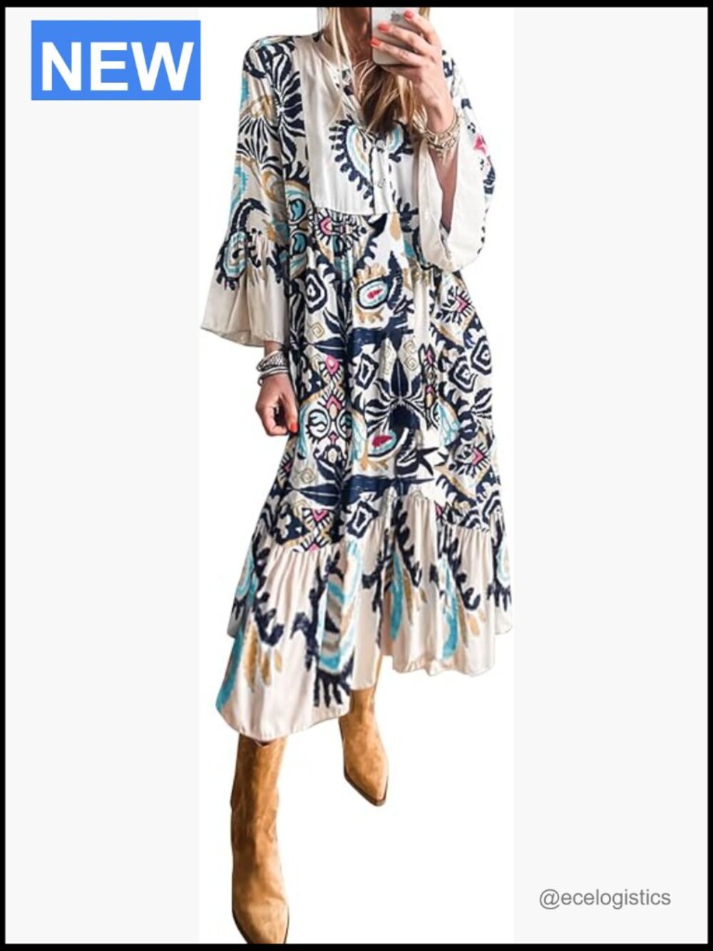 Boho Flowy Midi Maxi Dress with 3/4 Sleeves V-Neck